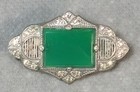 Vintage Art Deco Green Chrysoprase Clear Crystal Filagree Pin Brooch