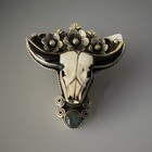 Western Bull Steer Skull Bone Floral Necklace Slide Concho Silver With Opal 