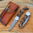 Handmade Damascus Steel Pocket Knife Folding Knife Olivewood Handle W  Pouch