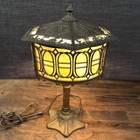 Rare Antique Art Nouveau Boudoir Lamp With Leaded Glass Shade Gold 14    Tall