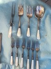 Antique Lot Of 16 Mother Of Pearl Handle Flatware Knives Forks Serving Pieces