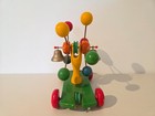 Vintage Kouvalias Wooden Pull Toy Greece Rare Rigid Rod Arms 2 Bells Spinning