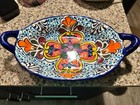 Mexican Talavera Pottery Oval Serving Bowl Hand Painted Floral Dish With Handles
