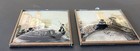 Pair Of Vintage Miniature Victorian Color Prints With Silhouettes On Domed Glass