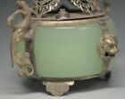Unique Chinese Silver Copper Inlaid Jade Dragon Lion Incense Burner