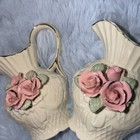 Vintage Porcelain Pink Rose Pitcher Vases Lattice Pattern Gold Trim Collectible