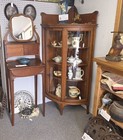 Antique Corner Oak China Cabinet     Sliding Curved Glass Doors