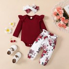 Newborn Baby Girls Floral Ruffle Romper Tops Pants Headband Clothes Outfits Set
