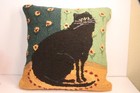 Peking Handicraft Black Cat In A Corner Hook Throw Pillow Wool Folk Art Country