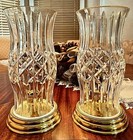 2 Traditional Waterford Crystal Prescott Brass Base Hurricane Candleholder Lamps