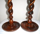 Pair Of 12  Antique Solid Oak Open Twist Candlesticks With Brass Tops