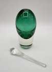 Hand Blown Art Glass Perfume Bottle W Stopper 6    Green W Bubbles Signed