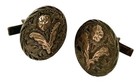 Vintage Mexico 10k Gold   Sterling Silver Etched Floral Dark Patina Cuff Links
