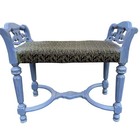 Vintage Periwinkle Blue Wooden Bench Carved Arms Upholstered Seat 38 5   
