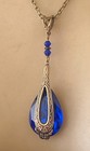 Vintage Necklace Art Nouveau Pendant Antique Blue Czech Glass Rhinestone