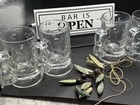 Vintage Set Of 4 Dimple Beer Mugs W handles  Clear Bar Glass 5  Tall
