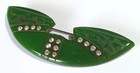 Vintage Art Deco Dark Green Bakelite Brooch W  White Rhinestone Lines