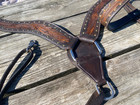 Used Two-tone Feather Tooled Western Headstall breastcollar Set With brass Spots