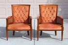 Pair Of Vintage Tufted Velvet Upholstered Mid-century Modern Armchairs With Cane
