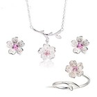 Silver Cherry Blossom Jewelry Set For Women Cz Necklace Earrings Ring Bracelet
