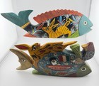 Vtg Set Of 2 Oaxacan Mexican Folk Art Fish Hand Carved painted Wood Rabbit Moon
