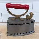 Antique Charcoal Sad Iron With Rooster Latch   Cast Iron Trivet C  1900