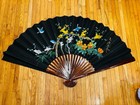 Large 72    Hand Painted Oriental Silk Wall Fan Vtg Asian Floral Bird Decor