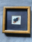 Vintage Miniature 3x3 Black Cat Framed Art Print Signed G  Verde As Is Back Tear