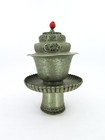 Antique Sino Tibetan Embossed Metal Cup Stand  Cover   Finial 7  Tall X 4 5  Dia