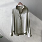 Women   s Satin Silk Button Up Shirt Vintage Long Sleeve Loose White Blouse