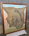 Antique Native American Indian Chief Shaman In Headdress Leather Hide Painting
