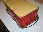 Vintage Golden Cookies Red And Tan Plaid Picnic Tin basket   Watertown Ma 1950 s