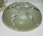 Vintage Art Deco Light Fixture 3 Hole Hanging Glass Shade Sage Green 11   