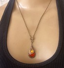 Vintage Necklace Art Nouveau Brass Lavalier Pendant Antique Orange Czech Glass