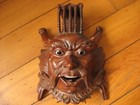 Antique Asian Carved Wooden Wood Demon Face Mask W  Glass Eyes