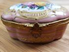 Antique French Porcelain Trinket Box Pink With Flowers Hand Painted
