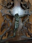 Vintage Wood Carved Leaf With Bronze Crucifix Folding Wall Shelf Religious 