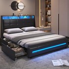 Queen Bed Frame With 4 Storage Drawers  Charging Station And Led Lights pu Black