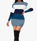 Women   s Xl Blue Color Block Sweater Dress Long Sleeve Knit Bodycon