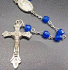 Vintage Catholic Rosary Crucifix Center Piece Medal Virgin Mary Blue Beads   