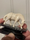Vintage Chinese Hand Carved Small White Horse Figurines On Wood Base