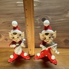 Vintage Mcm Japan Christmas Pixie Elf Figurines Pair - Red Musicians Violin Lute