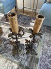 Pair Antique Metal Toleware Cast Iron Candlestick Lamps Gold Bronze