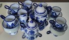 Vintage Miniature Blue White Willow Style Tea Set 15 Pc Child Size Porcelain