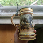 1890s Mettlach  1403 Bowler In Tavern Signed Warth German Ceramic Beer Stein