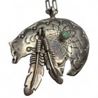 Vintage Native American Navajo Sterling Silver Turquoise Bear Feather Pendant