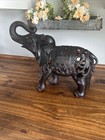 Large Vintage Black Carved Resin Trunk Up Elephant Statue Figurine