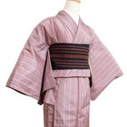 Vtg Japanese Kimono Pink Striped Silk Oshima Tsumugi Hand Sewn Never-worn