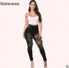 Waterarea Denim Pants Women Retro Solid Sexy Hole Hollow Out Jeans Ripped Pencil