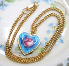  1457 Vintage Sarah Coventry Signed Necklace Guilloche Enamel Heart Charm Blue